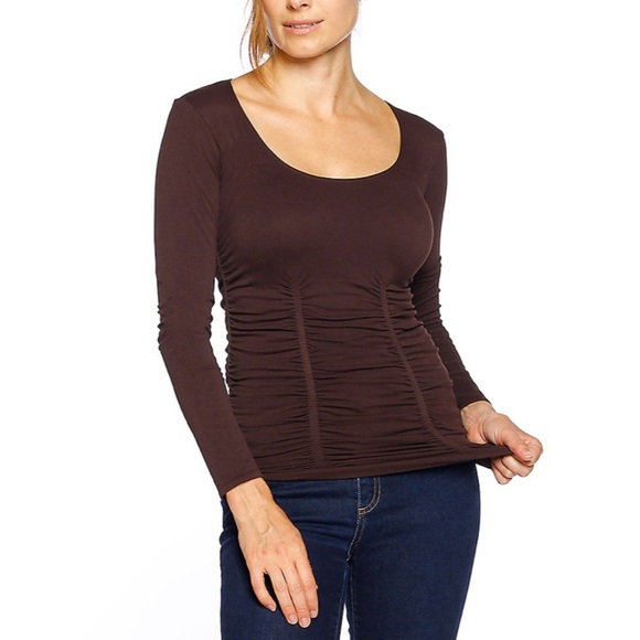 Last Tango Ruched Long Sleeve 3 Panel Top Chocolate Brown - Picture 1 of 7